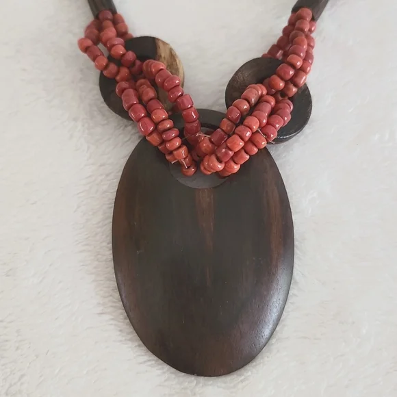 Nairobi Kenya Women's Fair Wages Beaded and Wooden Pendent & Button Closure - Picture 2 of 5